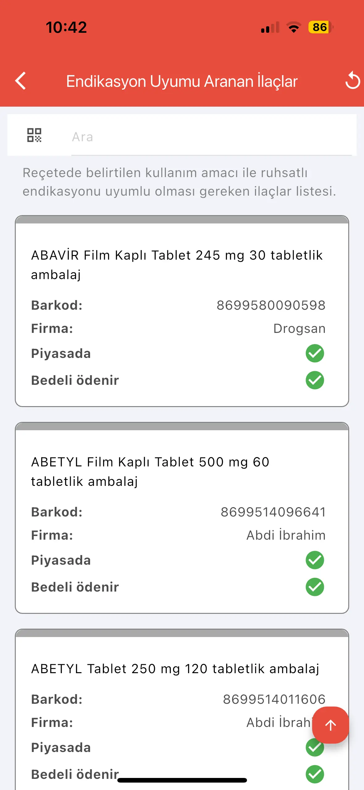 Vademecum Endikasyon Uyumu Modülü Mobil Ekranı