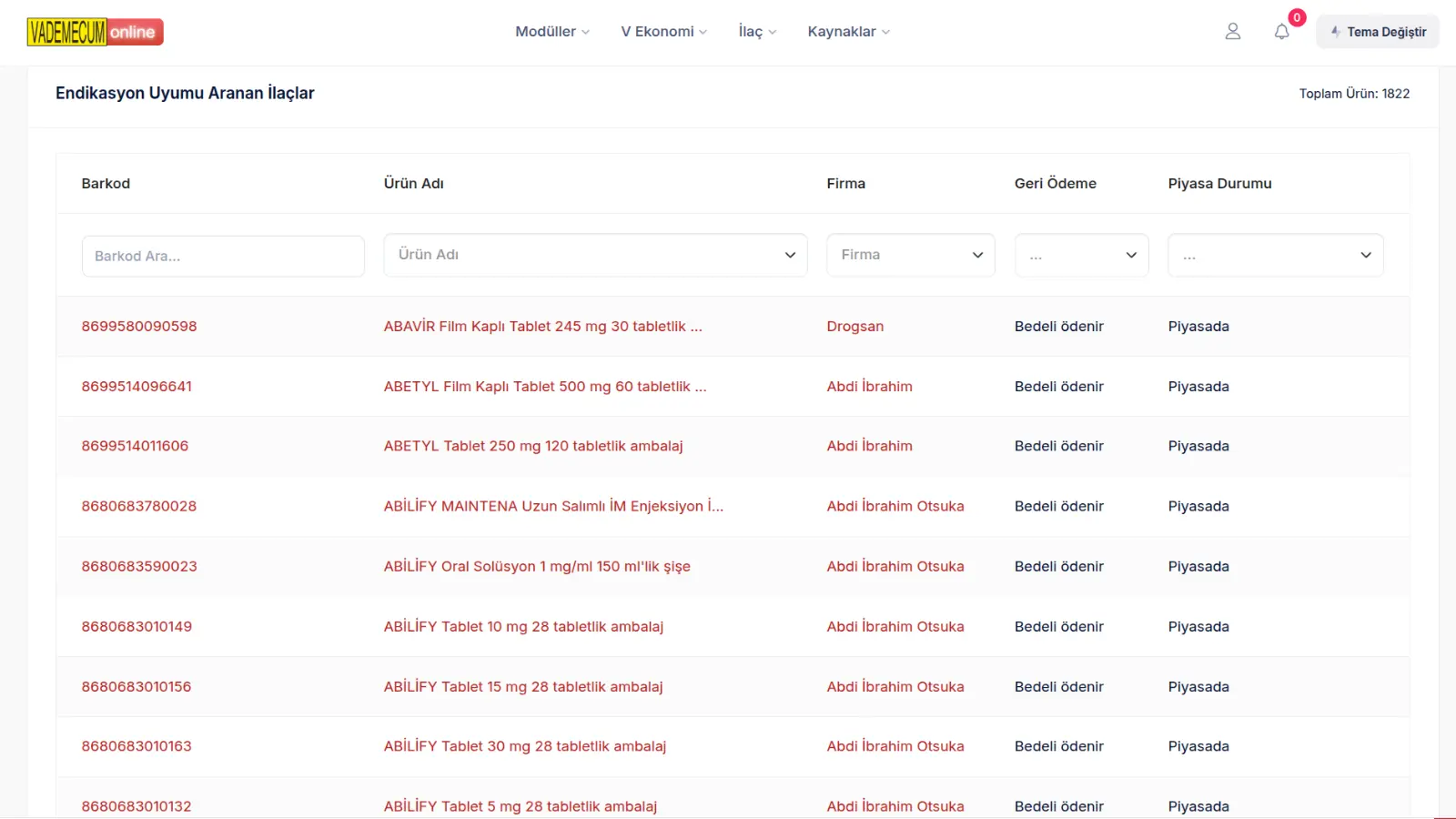 Vademecum Endikasyon Uyumu Modülü Web Ekranı