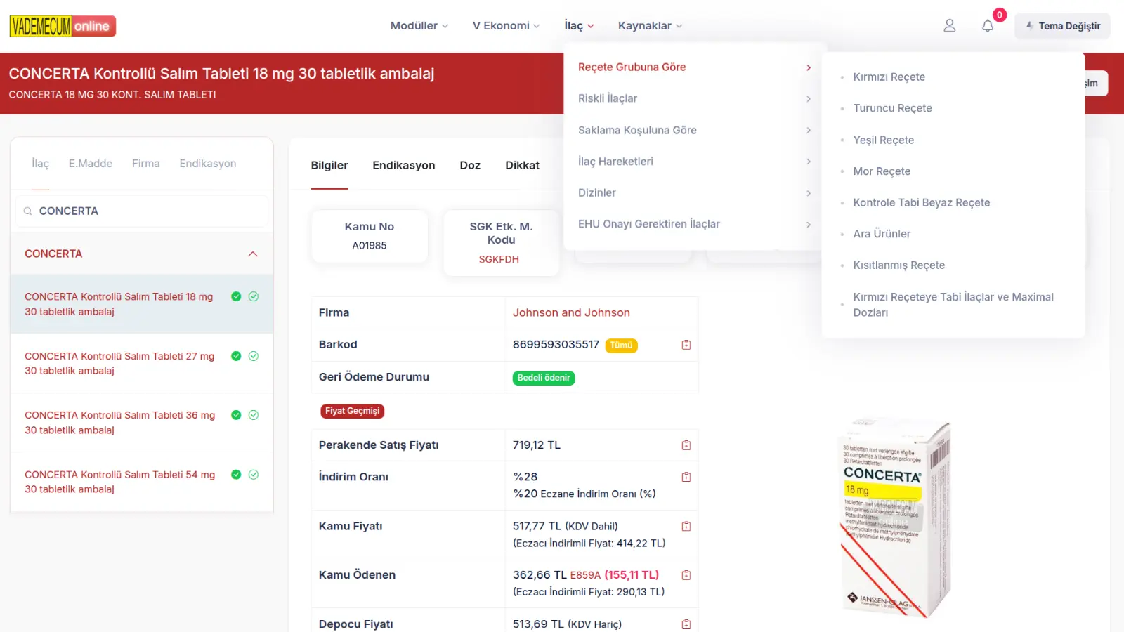 Vademecum Reçete Grupları Modülü Web Ekranı
