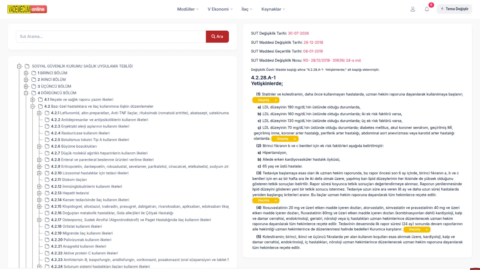 Vademecum SUT Modülü Web Ekranı