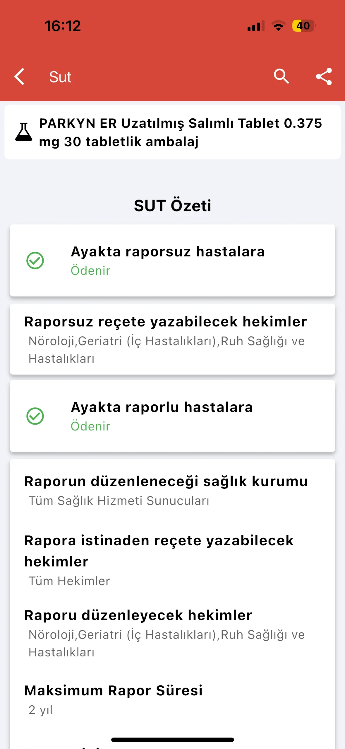 Vademecum SUT Modülü Mobil Ekranı