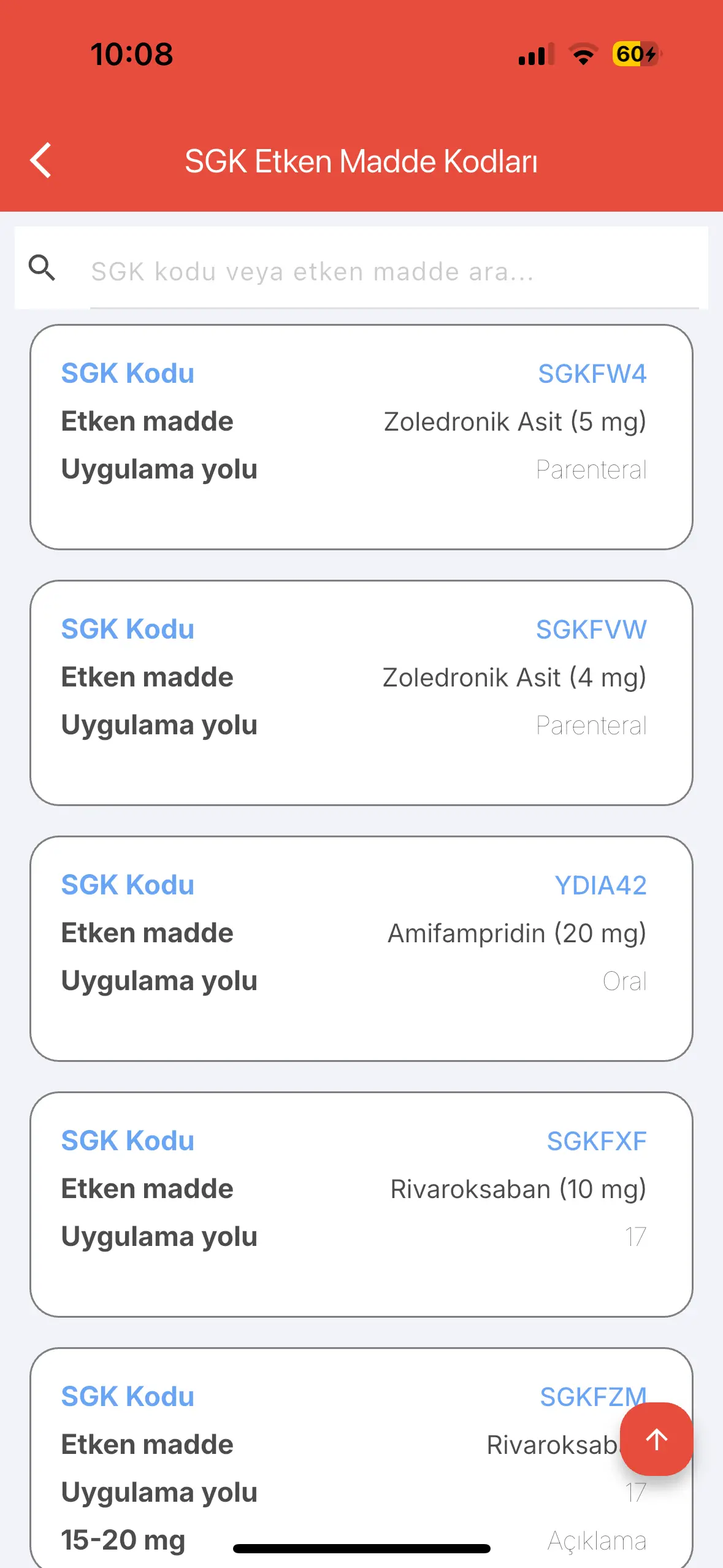 Vademecum SGK Etken Madde Kodları Mobil Ekranı